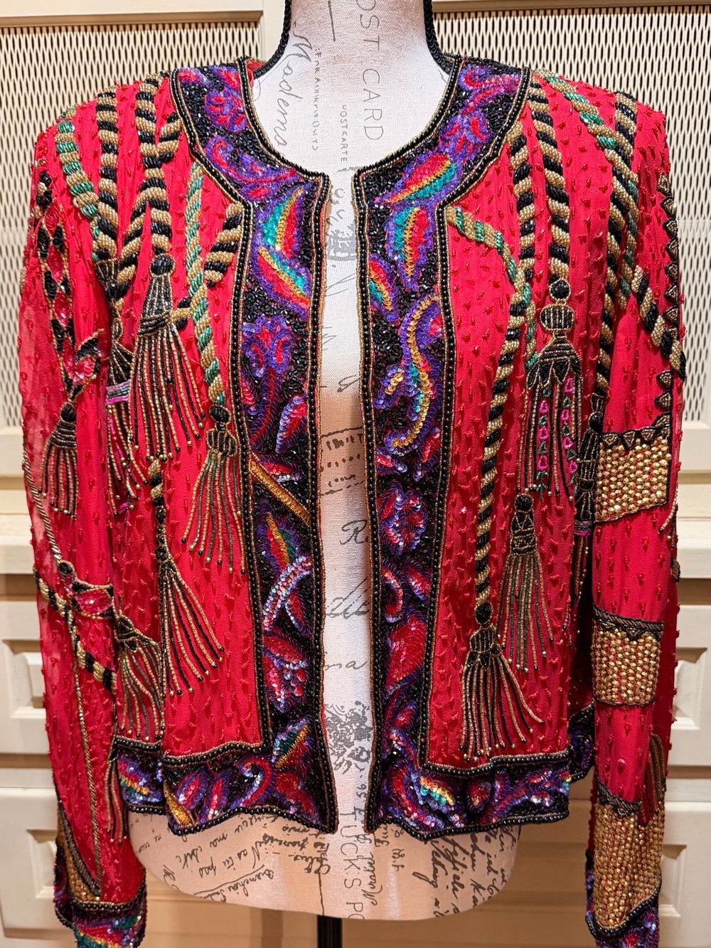 Vintage Niteline Della Roufogali Beaded Rope  Silk Jacket Red Sequin 80s